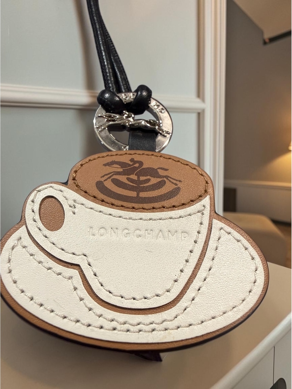 Longchamp Coffee Cup Leather Bag Charm Keyring White Tan Black Horse Logo - Picture 2 of 4
